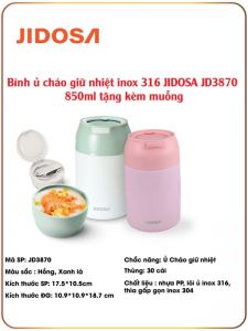 Bình ủ cháo giữ nhiệt inox JIDOSA 850ml tặng kèm muỗng